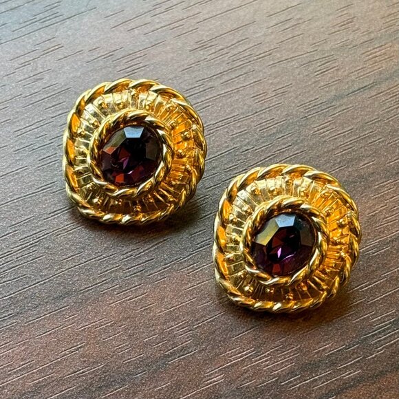 Swarovski Jewelry - 1980s Vonelle Earrings Purple Swarovski Crystal in Gold Tone Metal Vintage